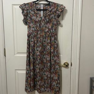 Shein Midi Floral Dress With Ruffle Short Sleeves, Size S